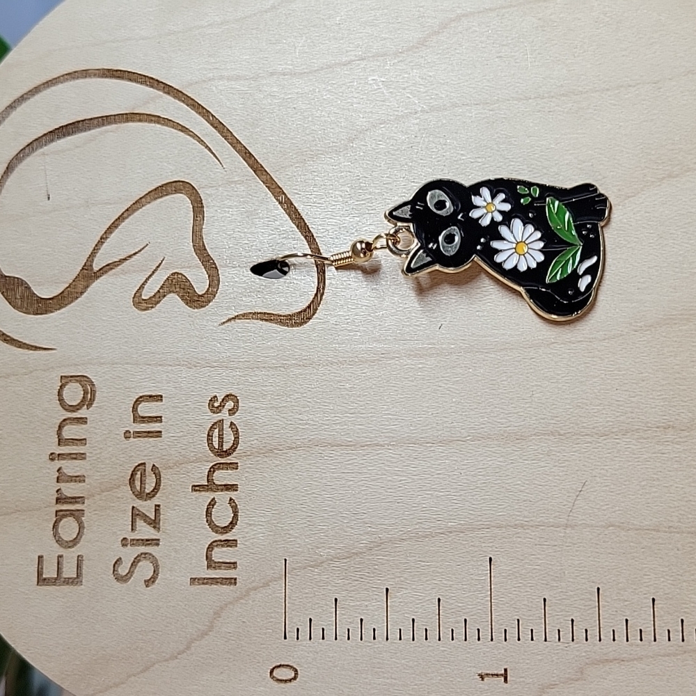 Black Cat Daisy Dangle Earrings - Picture 4 of 4